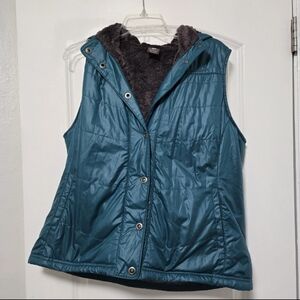REI Women's Outdoor Activewear Teal Quilted Hooded Vest with Faux Fur Lining XL